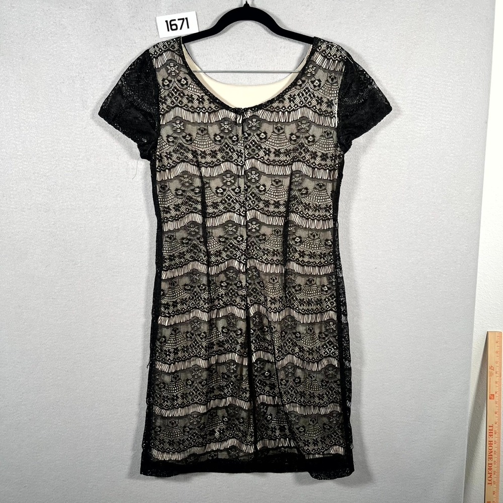 JFW Just For Wraps Dress Womens Medium Black Sheer Lined Round Neck Cap Sleeve
